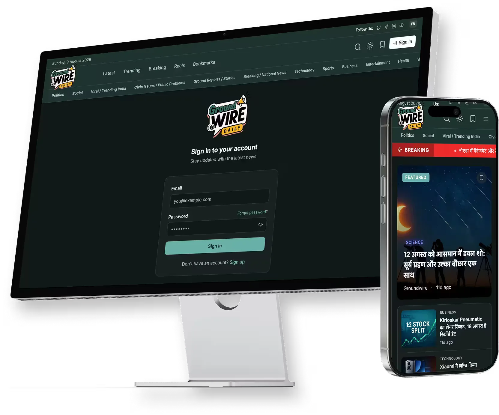 Groundwire Daily — AI-powered news publishing platform mockup